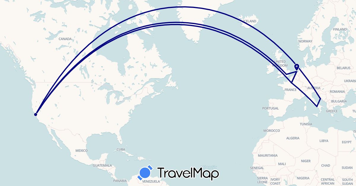 TravelMap itinerary: driving in France, United Kingdom, Croatia, Italy, Netherlands, United States (Europe, North America)